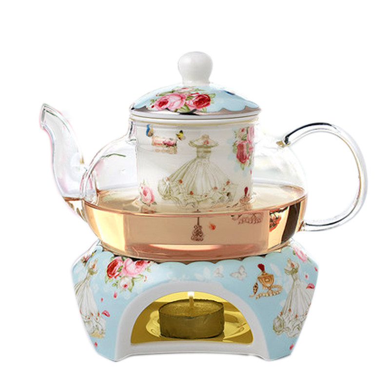 花茶壶套装蜡烛加热陶瓷耐高温玻花草茶具