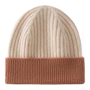 儿童~秋冬100%纯山羊绒帽子男童女童拼色坑条针织护耳包头保暖帽