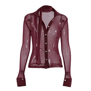 Sexy Tops欧美女士上衣性感亮丝网纱半透长袖衬衣派对多色