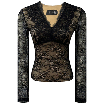 冬季新款加绒蕾丝衫V领修身上衣