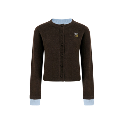 双蝴蝶十字绣撞色假两件毛衣开衫