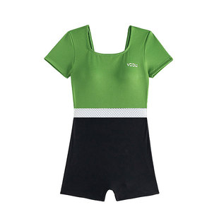 YODU泳都黑绿拼接短袖连体平角保守显白收腰显瘦休闲泳衣沙滩温泉