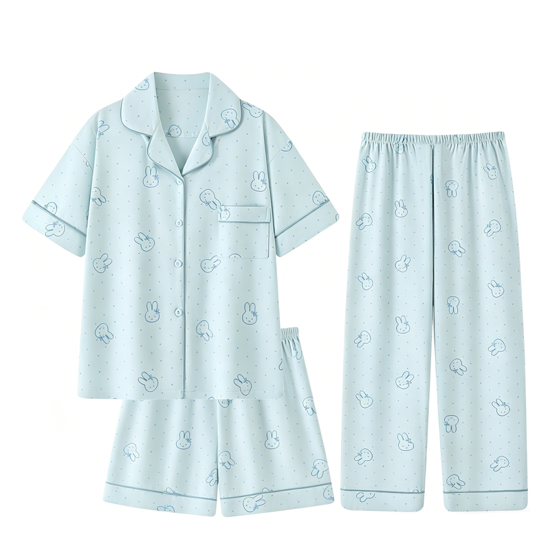 卡通翻领mf兔睡衣女夏季纯棉短袖长裤2026夏天三件套家居服可外穿