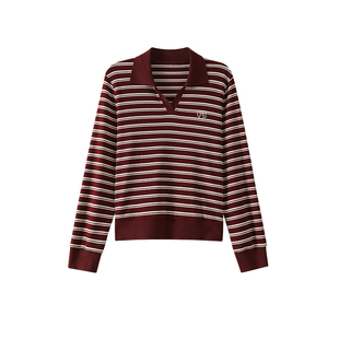 OSA欧莎安可拉红学院风条纹卫衣女2025秋季新款宽松套头翻领上衣