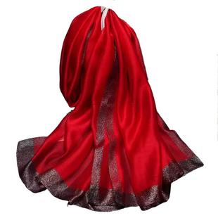 高端真丝丝巾女羊毛围巾喜婆婆新娘婚礼披肩春秋季本命年妈妈红色