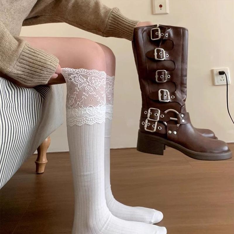 蕾丝花边小腿袜子女拼接配西部牛仔靴子美拉德风可爱叠穿堆堆长袜