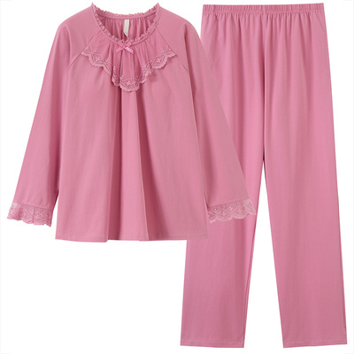 睡衣女士春秋纯棉长袖长裤带胸垫