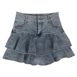 辣妹美式高腰a字显瘦牛仔半身裙夏蛋糕裙蓬蓬裙荷叶边裙女士裙裤