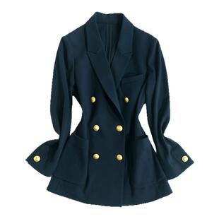 OFFIY-高级感经典金扣布雷泽气质职场宽松双排扣廓形藏青西装外套