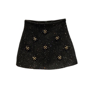 重工烫钻粗花呢半身裙女2026秋冬新款高腰显瘦防走光a字包臀短裙