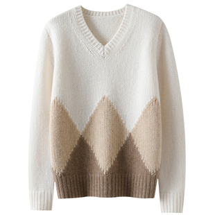 漫步街头迷人呐~粗针加厚100%纯山羊绒衫女V领纯羊绒毛衣拼色宽松