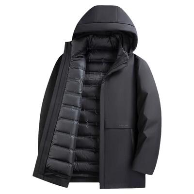 鸭鸭可拆卸帽中长款商务羽绒服