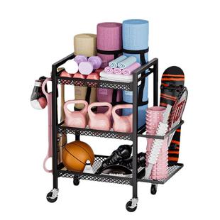 健身器材收纳架可移动家用瑜伽垫泡沫轴哑铃收纳筐运动用品置物架