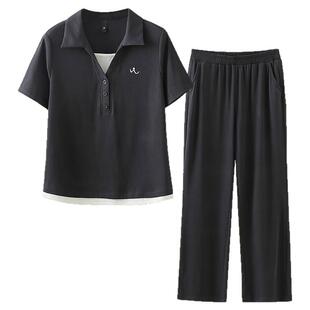 夏季新款时尚套装T恤短袖休闲两件套中年妈妈装高档洋气运动装女