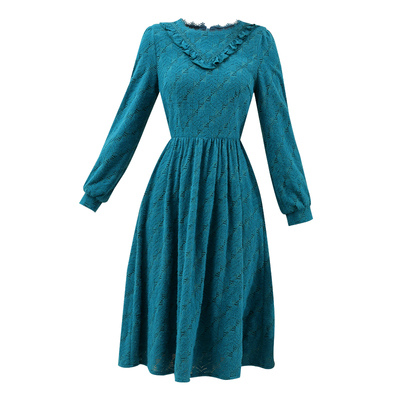 克莱因蓝长袖加绒蕾丝连衣裙女