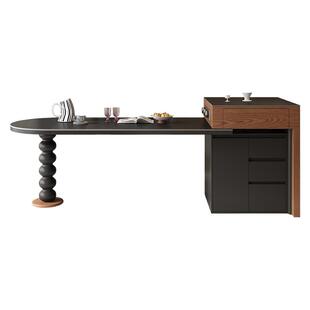 中古风岛台餐桌一体复古可伸缩弧形岩板开放式厨房带电磁炉吧台柜