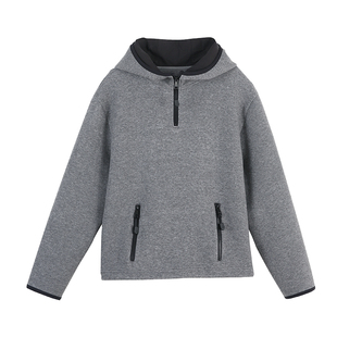 云上生活【云烟】连帽半拉链羊毛混纺拉绒卫衣花灰色套头上衣女