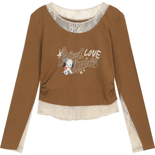 妖精的口袋白色蕾丝拼接印花长袖t恤女2026早春新款修身薄款上衣