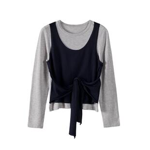 AS圆领毛衣女26春季新款假两件设计长袖叠搭不规则下摆个性上衣