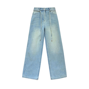 胖mm特大码女装蓝色满钻牛仔裤女2026新款不贴腿设计垂感直筒裤子