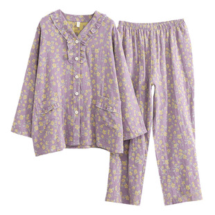 红色本命年睡衣纯棉家居服女200斤大码中年妈妈复古双层棉纱春秋