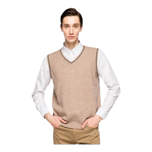 圣雪绒秋冬新款纯羊绒衫男v领绞花撞色保暖针织背心