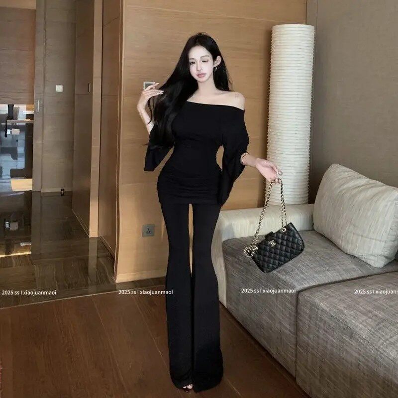 纯欲辣妹露肩一字领五分袖T恤上衣女夏季新款高腰显瘦喇叭裤长裤
