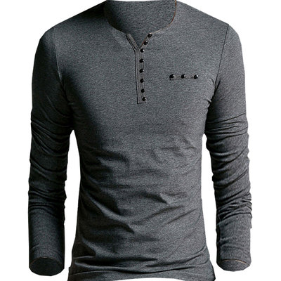 秋冬男士长袖T恤V领纯色