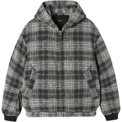 LEZORA格纹编织粗纺羊毛连帽棉服