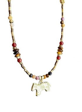 新中式彩色串珠小马吊坠项链时尚轻奢气质高级感潮流设计锁骨链女