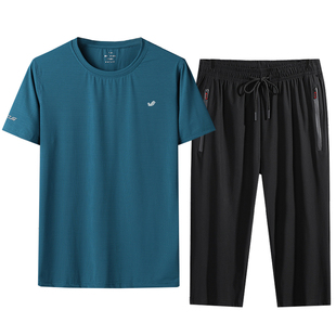 啄木鸟爸爸夏装套装夏季男士冰丝速干中老年人父亲短袖休闲运动服