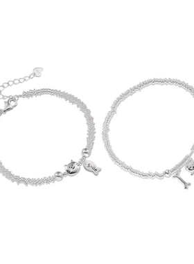 通体s925纯银简约小众smile小鱼喵咪银圈手链卡通小狗骨头手环女