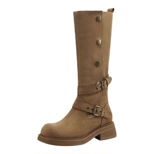 星期六复古两穿骑士靴女2025新款秋冬厚底增高长筒靴棕色绒面长靴