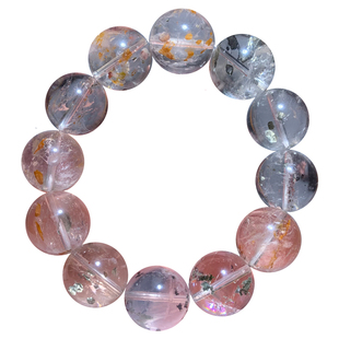 天然冰透胶花闪灵单圈手串黄铁矿石彩铜矿红黄胶花一物一图送礼女