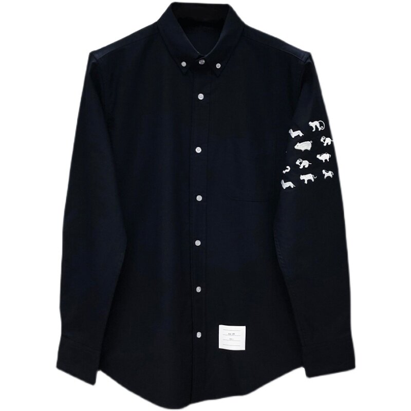 tb衬衫男士牛津纺休闲小动物刺绣长袖潮流男女情侣同款免烫衬衣潮