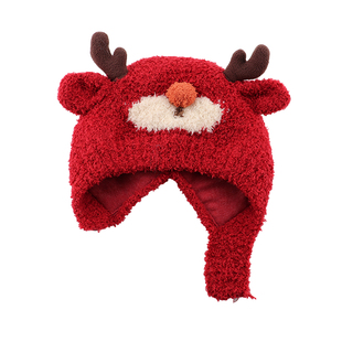 婴儿帽子冬季可爱红色宝宝麋鹿护耳帽保暖加厚男女儿童针织毛线帽