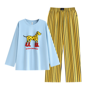 悦内睡衣女春秋款秋季纯棉长袖家居服时尚宽松卡通条纹可外穿