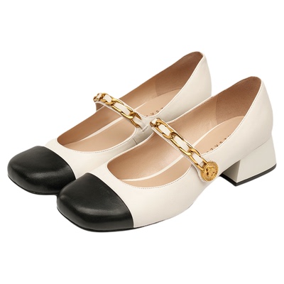 莎莎苏通勤金币链拼色玛丽珍单鞋