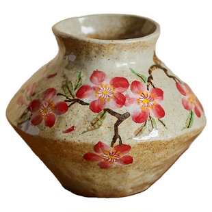 景德镇手绘文艺复古粗陶桃花花瓶不漏水花器客厅桌面装饰花瓶摆件