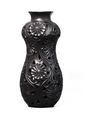 章丘龙山黑陶手工雕刻花瓶中式