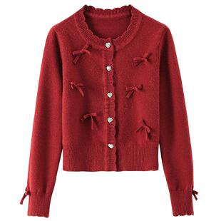 BANANA BABY秋季新款安可拉红针织衫女甜美风蝴蝶结红色毛衣