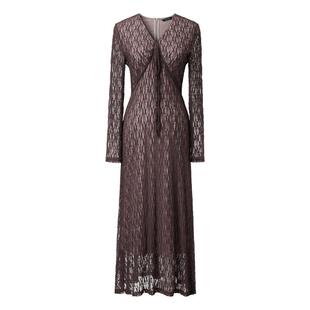 颜域蕾丝V领收腰连衣裙女2026新款春装法式复古长袖绝美气质长裙