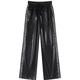 CNC女装 复古摩登气质pu皮裤女高腰织带哑光黑色加绒直筒裤