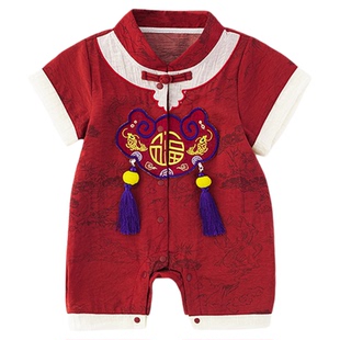 男宝周岁礼服夏季薄款满月百天宝宝衣服夏装小月龄外出新中式爬服