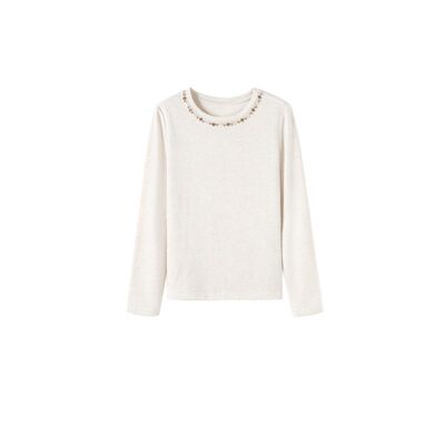 亦白简约圆领织带花边长袖T恤女