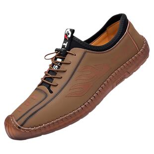 男士皮鞋户外休闲鞋子夏季薄款车缝线男鞋透气真皮软底中年爸爸鞋