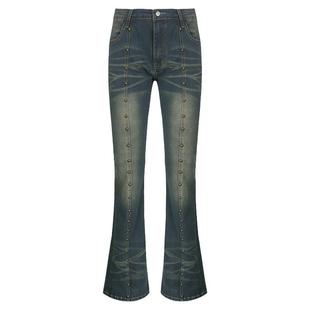 #FabGirls# 千禧秀场铆钉拼接泛黄低腰牛仔裤 辣妹复古微喇裤长裤