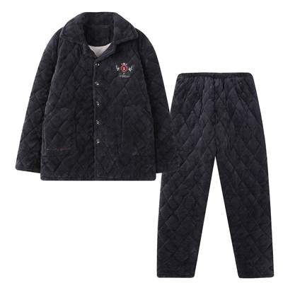 男法兰绒家居服套装加厚保暖加绒