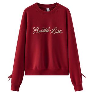 森柔|森马卫衣女春蕾丝蝴蝶结字母宽松红色2026新款新年红色上衣