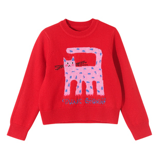 女童红色毛衣儿童新年洋气毛线上衣拜年服大童保暖羊毛针织衫童装